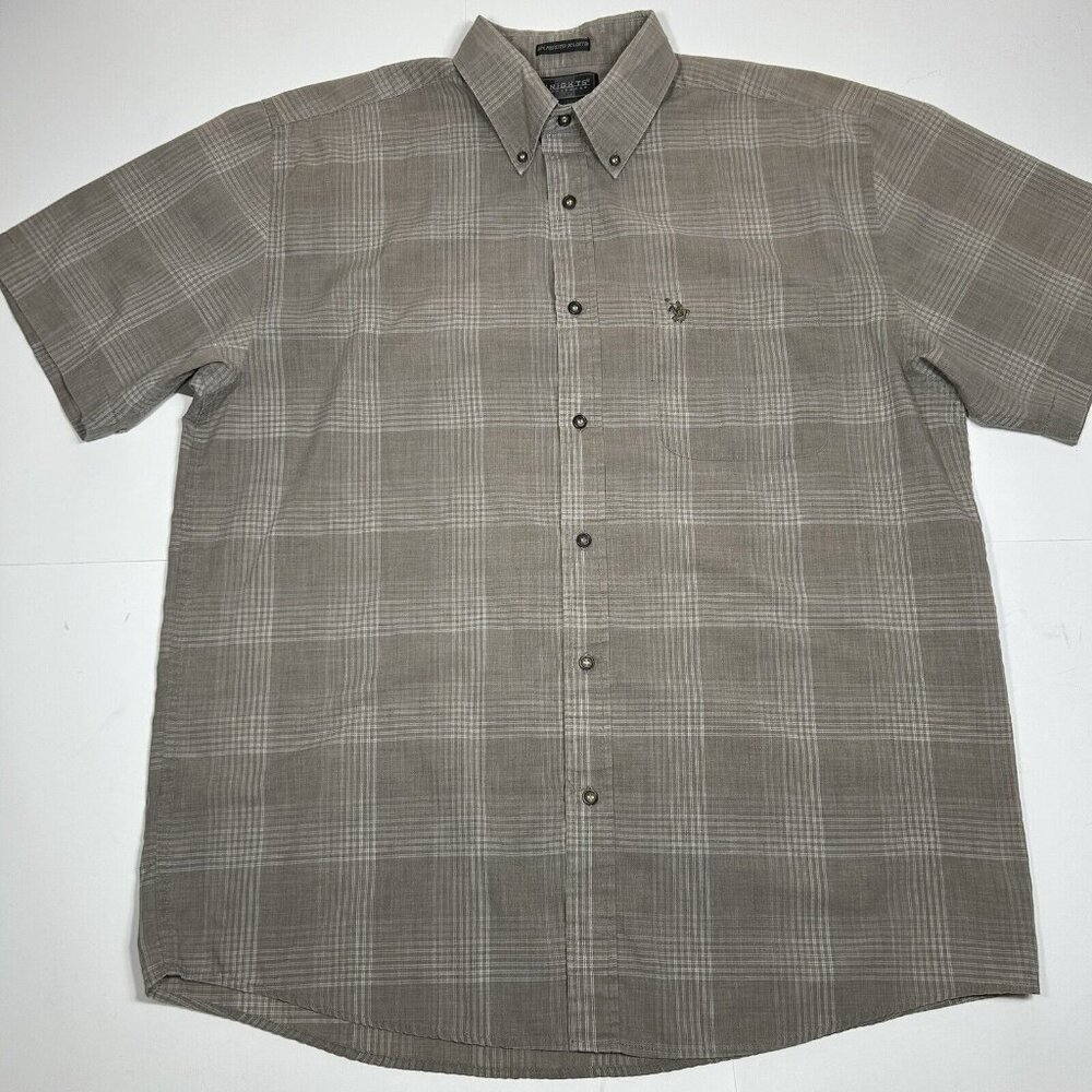 Knights Sportswear Short Sleeve Button Down Mens Plaid Shirt Tan Beige Sz L Flaw